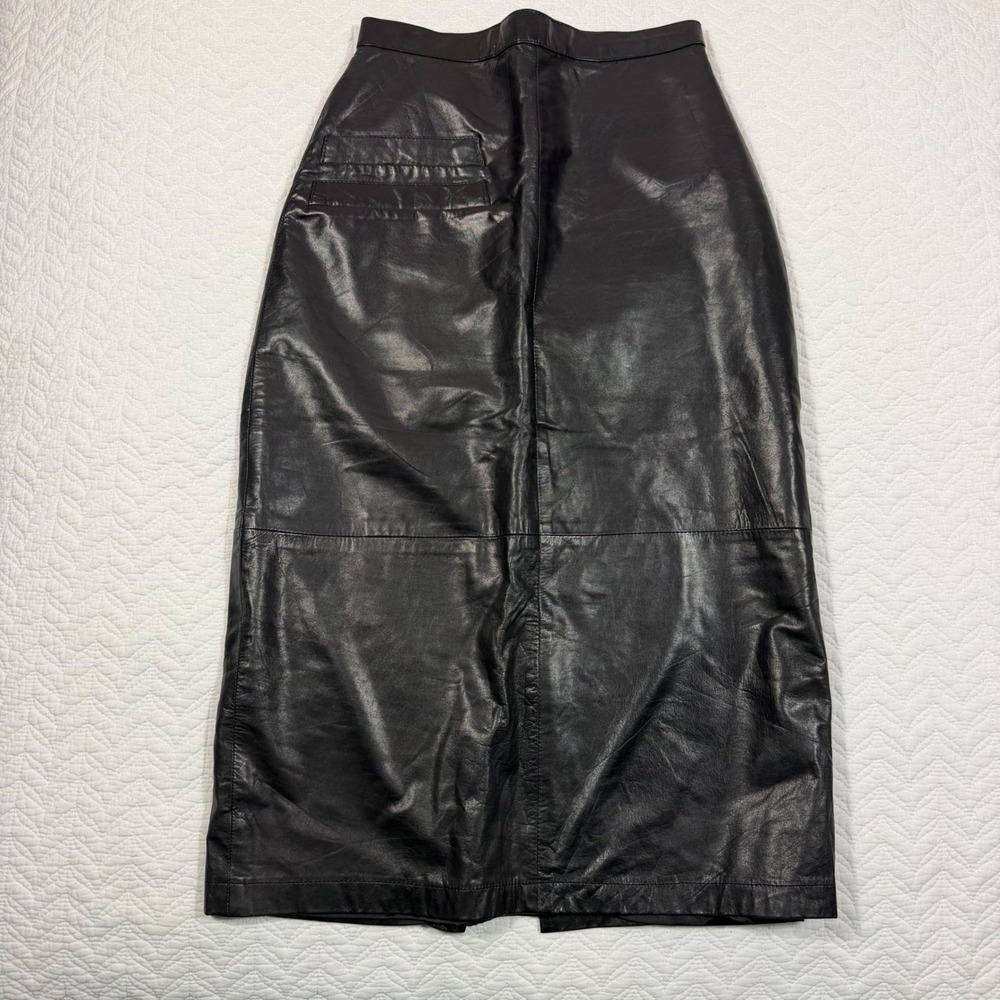 Pia Rucci Women Leather Midi Pencil Skirt 4 (24x28) High Waist Back Vent Black